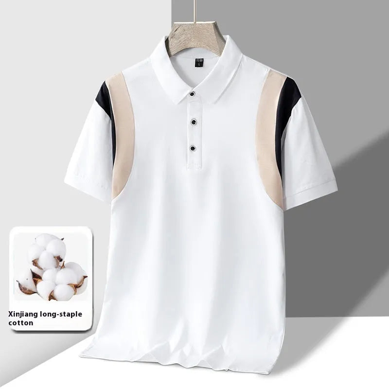 Men's striped cotton T-shirt with business lapel collar and short sleeves