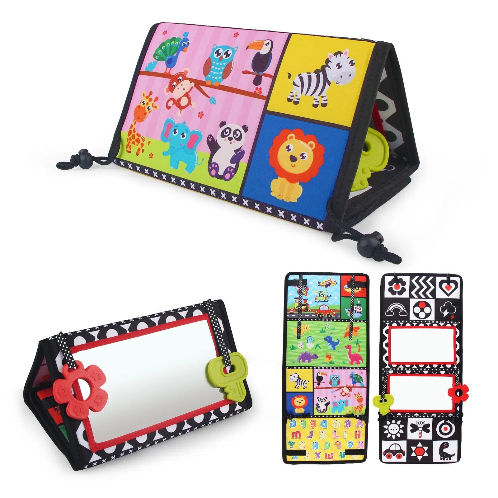 Four folding baby mirror cloth book with mirror pendant for infant sensory development 0-3 years