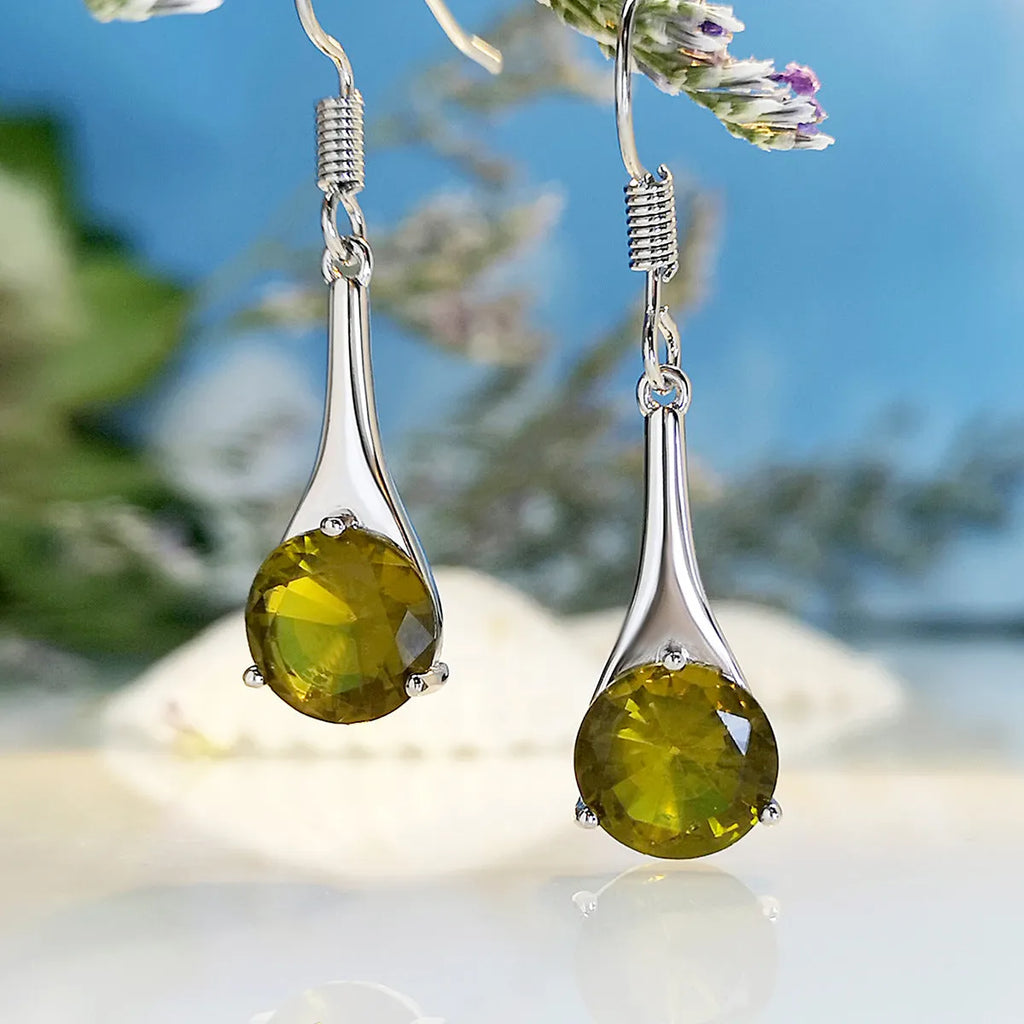 Olive green topaz colour drop-shaped earrings with minimalist retro style design