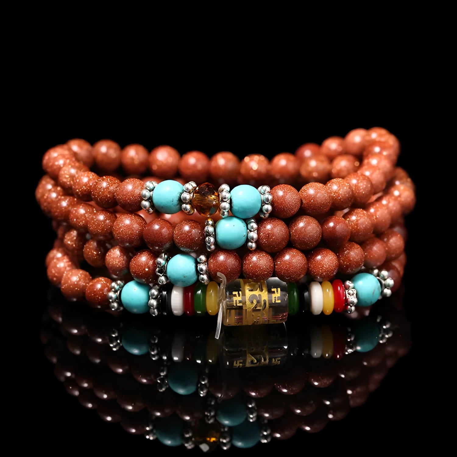 Golden Star Stone women's bracelet with 108 nugget sand pieces and fu character mantra beads