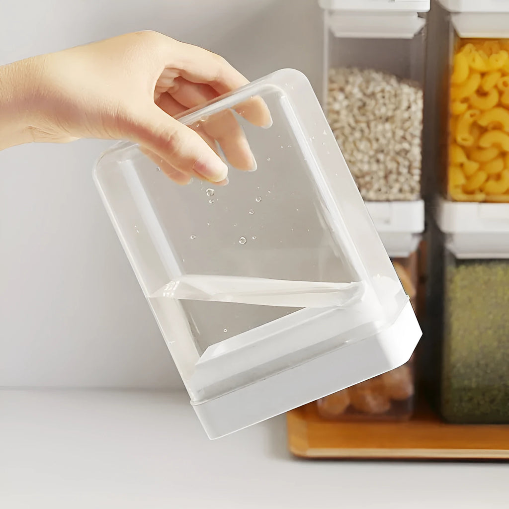 White transparent plastic grain storage container with Japanese design