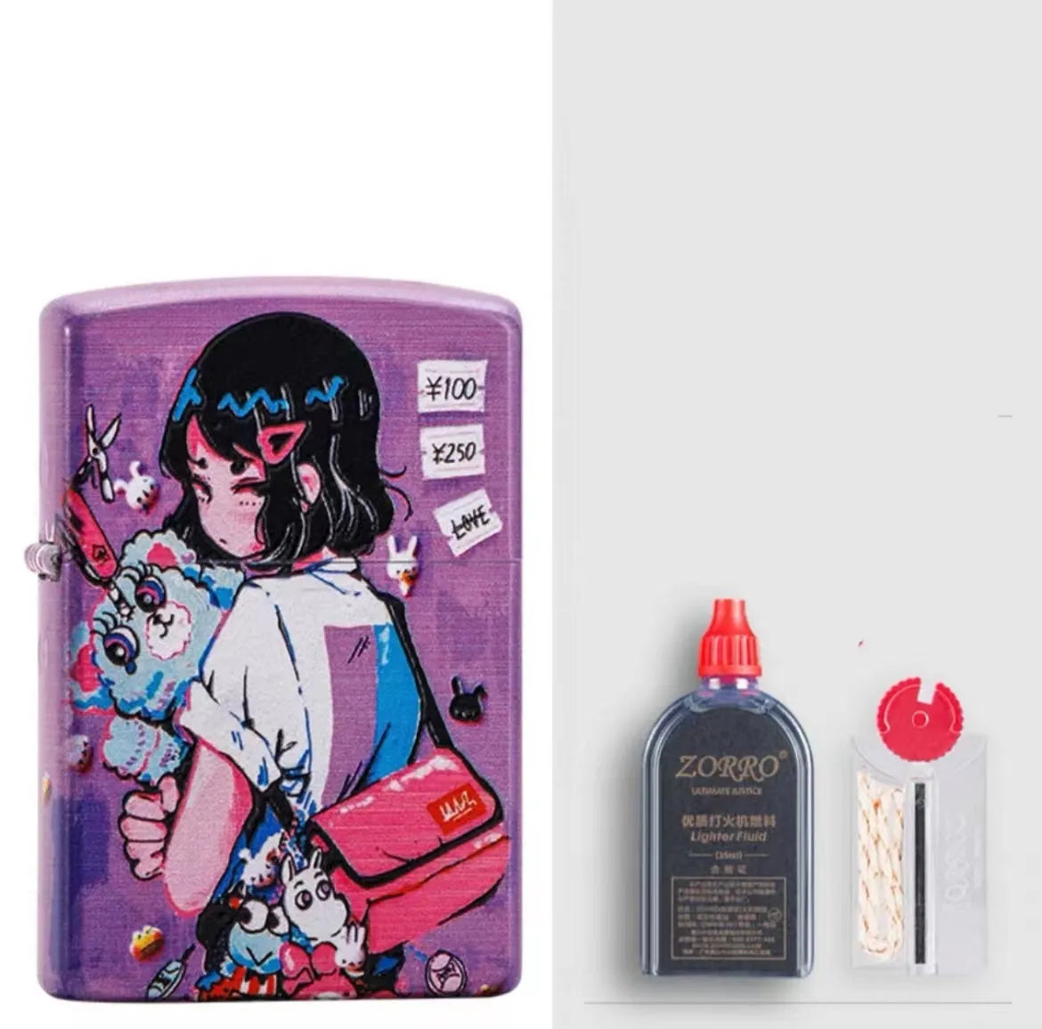 Windproof kerosene lighter with artistic design, steel and copper construction, 58x39x13mm dimensions