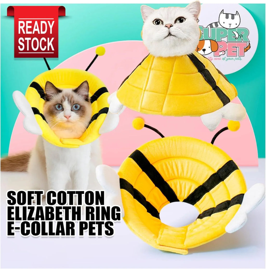 Soft bee-shaped cat cone collar with Velcro closure shown in adjustable sizing
