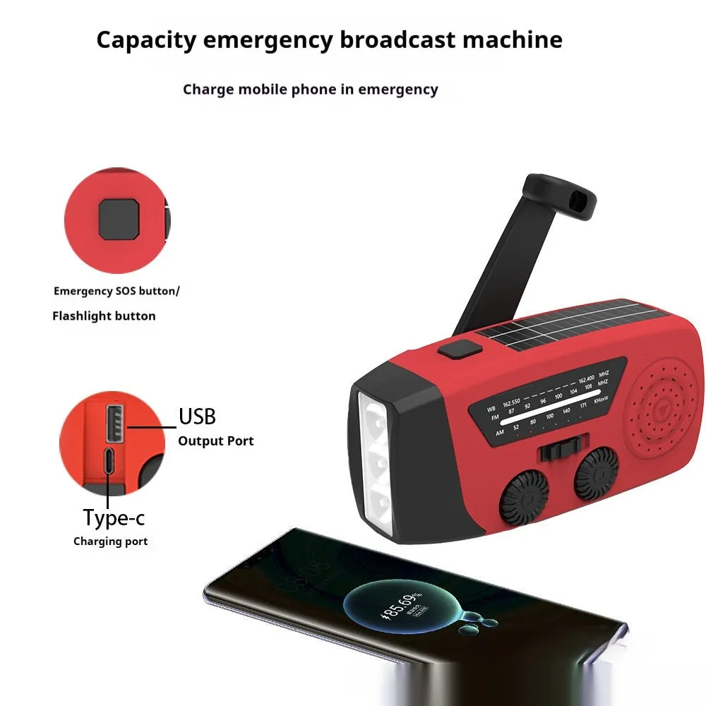 Red emergency hand radio with rechargeable torch showing dimensions and wrist strap