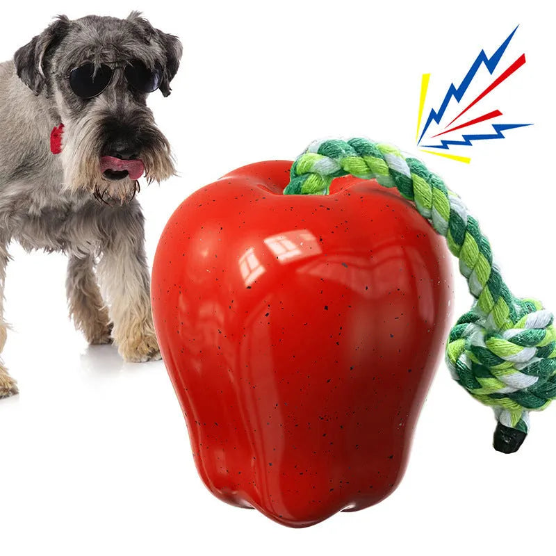 Apple-shaped plastic dog toy for chewing with green and red colour options