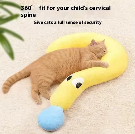 Blue U-shaped pet pillow for cat neck support with moon design on cloth material