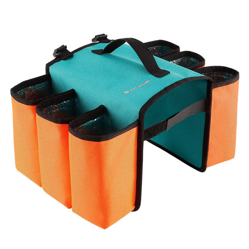 Black and orange bicycle-mounted drink holder bag with double-sided storage compartments
