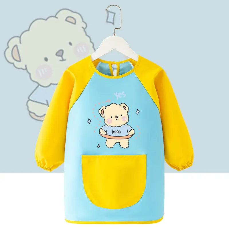 Children's waterproof painting apron with cartoon design in pink rabbit pattern, polyester fabric, inside-out style