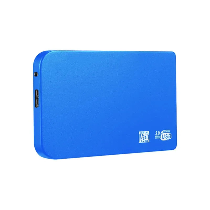 Silver metal USB 3.0 solid-state mobile hard drive with data cable on a desk.