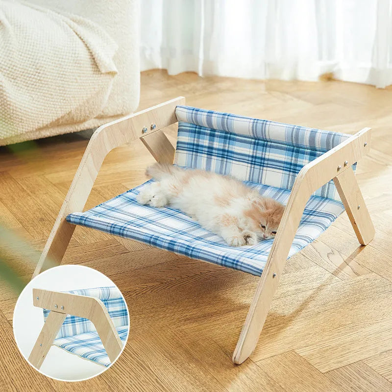 Wooden frame elevated cat hammock bed with cloth cover in blue colour