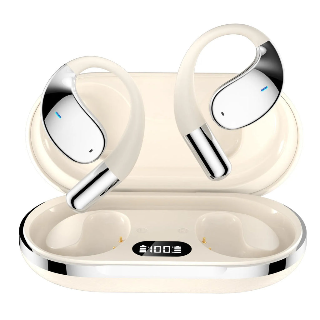 Beige and black portable sports Bluetooth earphones with ear-mounted creative design and digital display screen.