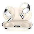 Beige and black portable sports Bluetooth earphones with ear-mounted creative design and digital display screen.