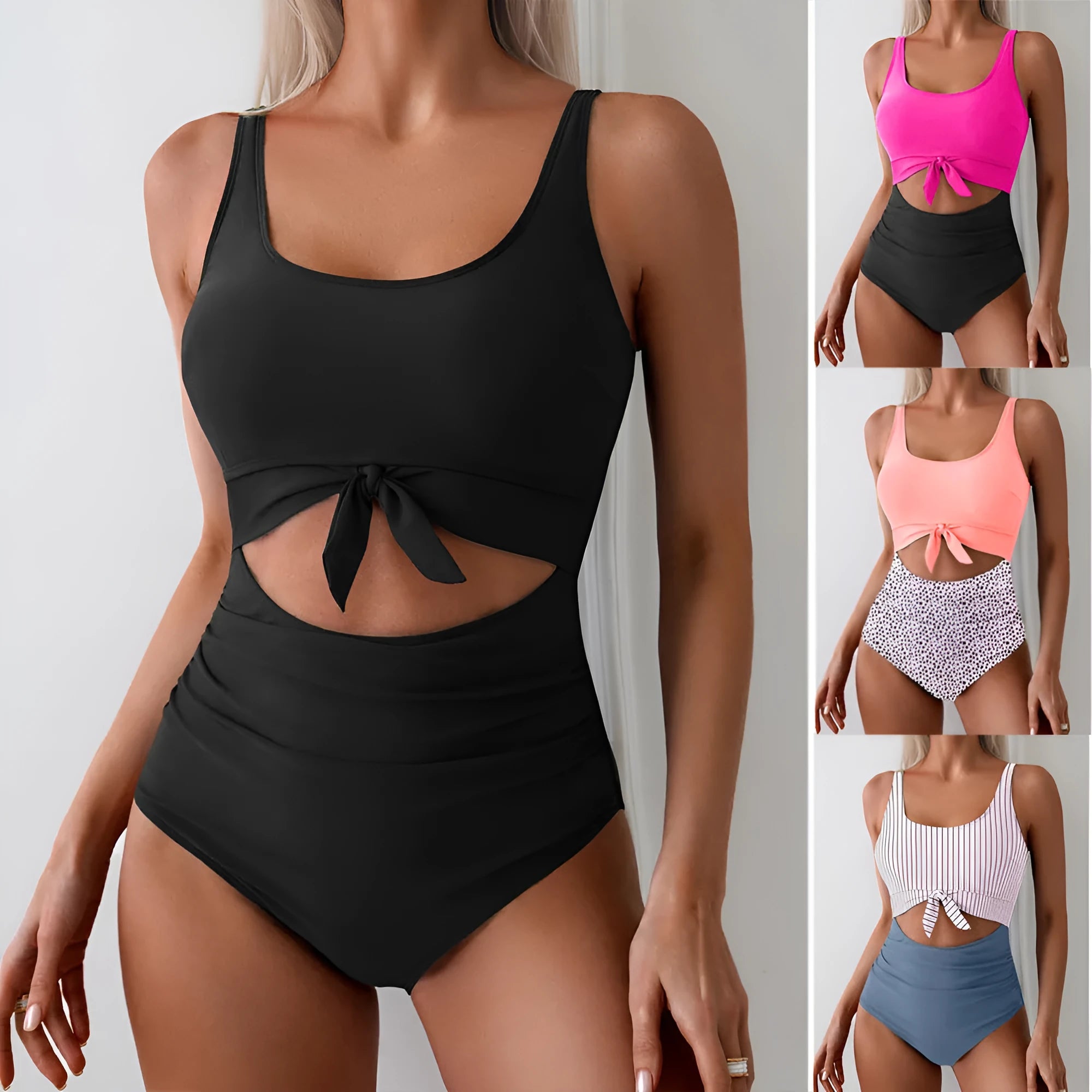 One-piece women's swimsuit with contrast colour straps, covered belly, sleeveless, solid colour, sizes S to XXL