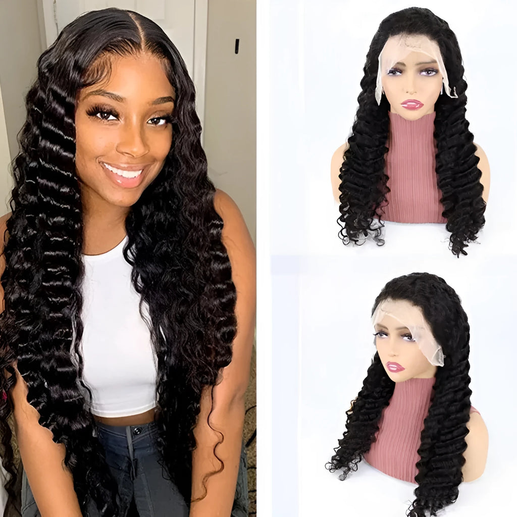 Solid colour human hair lace front wig displayed on a stand