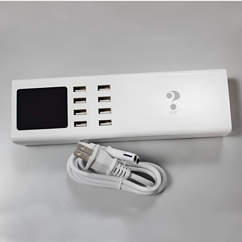 Smart multi-port USB mobile phone charger in ceramic white with 1.5-metre cable, compact 220X67X39mm size, for EU UK US outlets