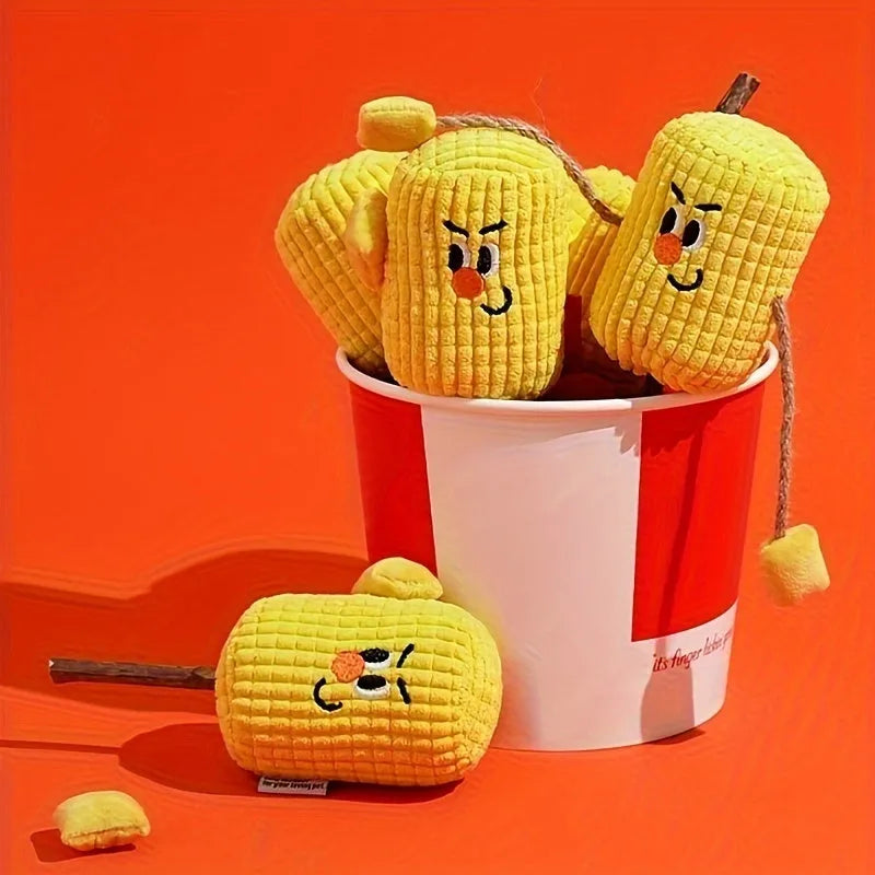Corn cob shaped cat chew toy made from polytree wood for dental cleaning.