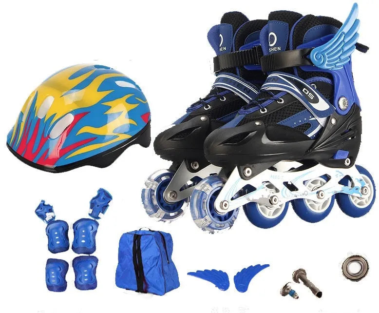 Colourful adjustable children's roller skates with aluminium frame, PU foam wheels, and full set of protective gear.
