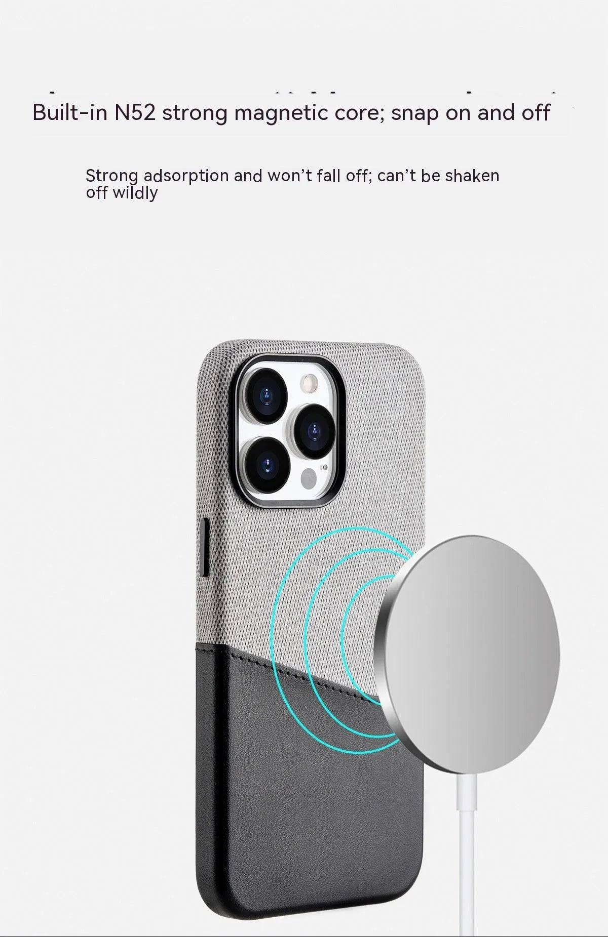 White magnetic leather phone case with card slot and double stitching for iPhone 12-15 series