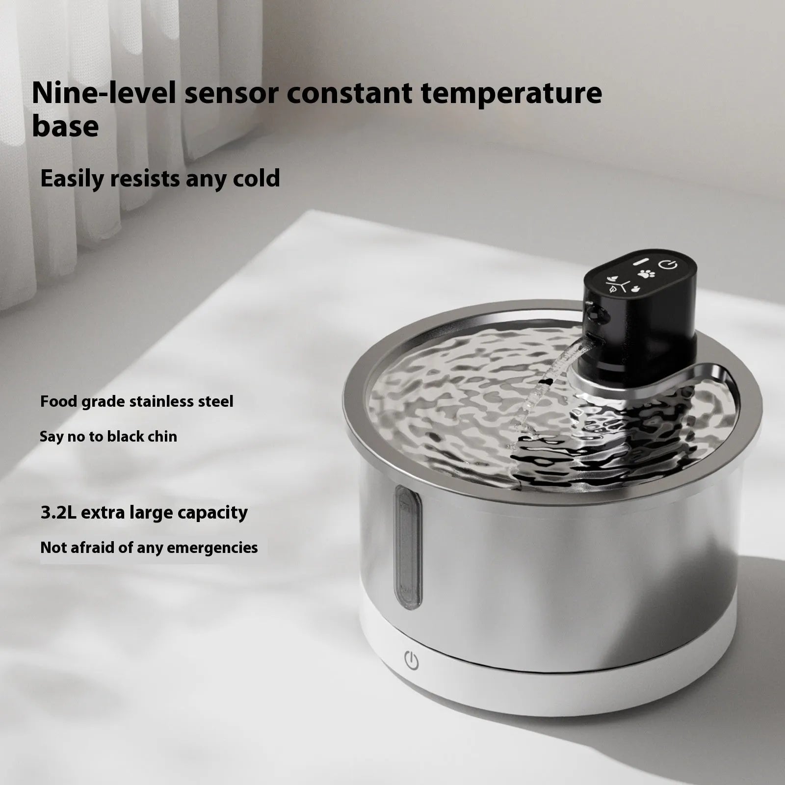 Stainless steel pet water fountain with digital heating base control panel