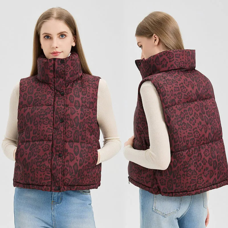 Leopard print stand collar loose fit vest for women in khaki with pockets and thick polyester fabric