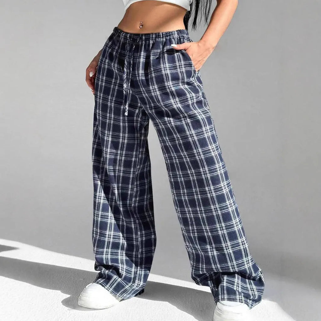 Women's plaid pattern casual trousers with drawstring waist and front pockets in blue colour option