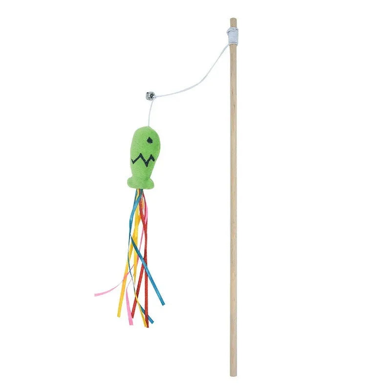 Cat wand toy with wooden handle, colourful ribbons, catnip fish and bell for indoor cat play