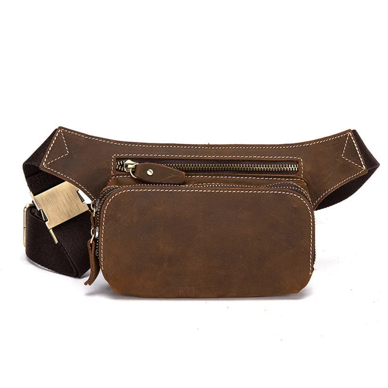 Brown top-layer cowhide leather men's sports waist bag with a pull closure.