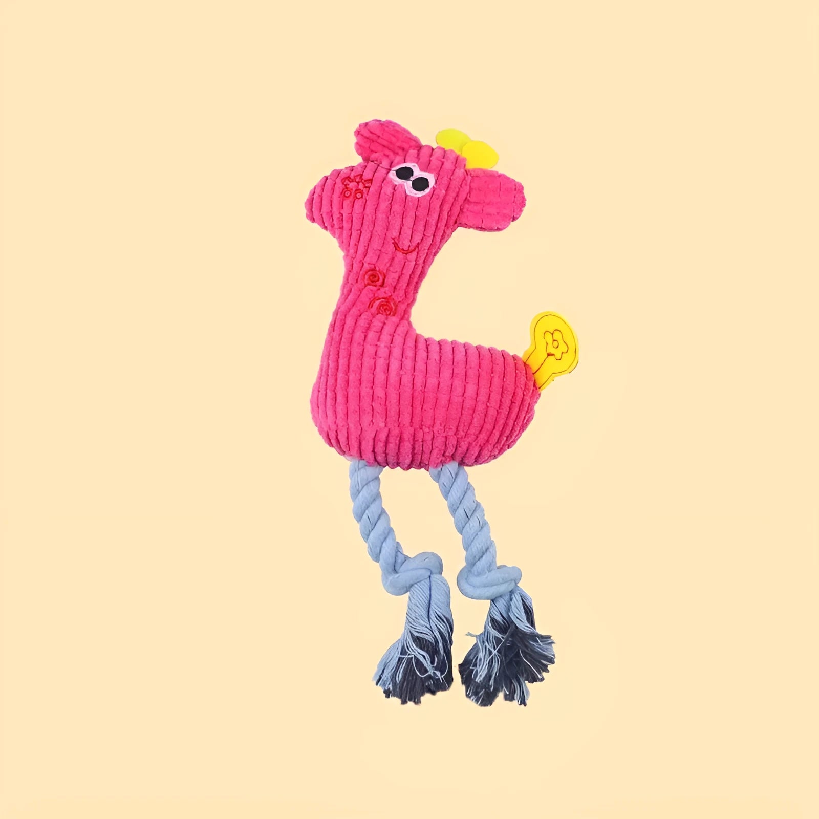 Deer-shaped plush pet toy with corn grain texture in blue, pink and yellow colour options