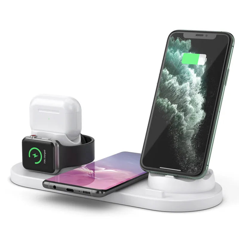 Black 6-in-1 wireless charging station organising a phone, Apple Watch and AirPods on a desk