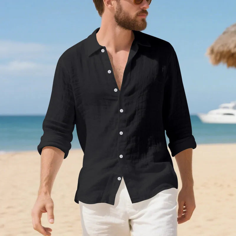 Man wearing a loose-fitting linen casual shirt in a light colour, showing the non-iron texture and American style.