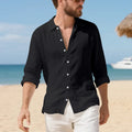 Man wearing a loose-fitting linen casual shirt in a light colour, showing the non-iron texture and American style.