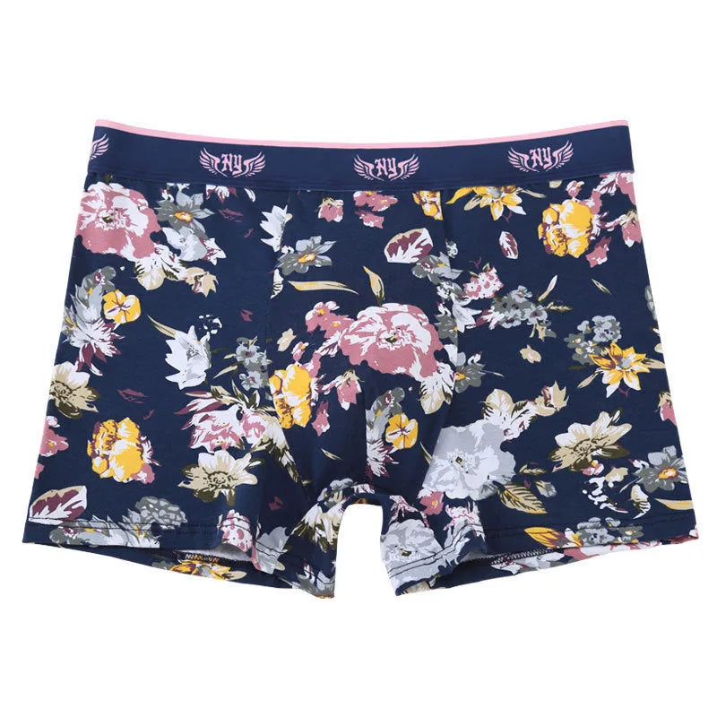 Men's cotton boxer underwear with U-shaped support in floral pattern colours including delicate rose