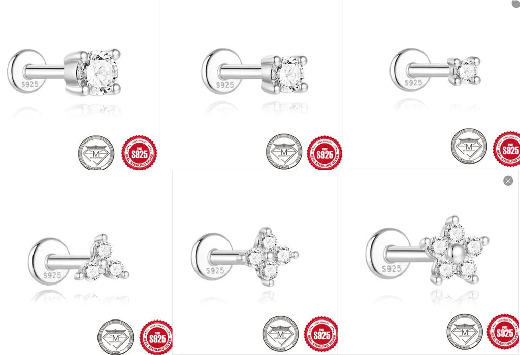 S925 sterling silver stud earrings with petal diamond debris design in platinum colour on white background.