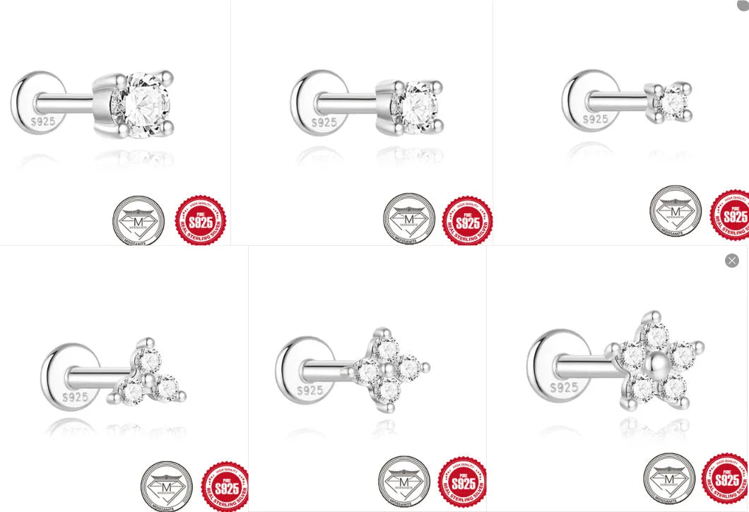 S925 sterling silver stud earrings with petal diamond debris design in platinum colour on white background.