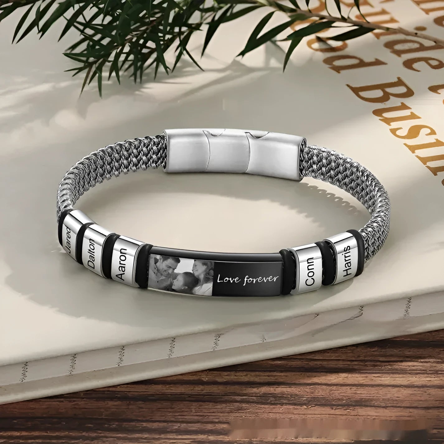 Men's stainless steel bracelet with leather rope and selectable lettering beads from one to six beads