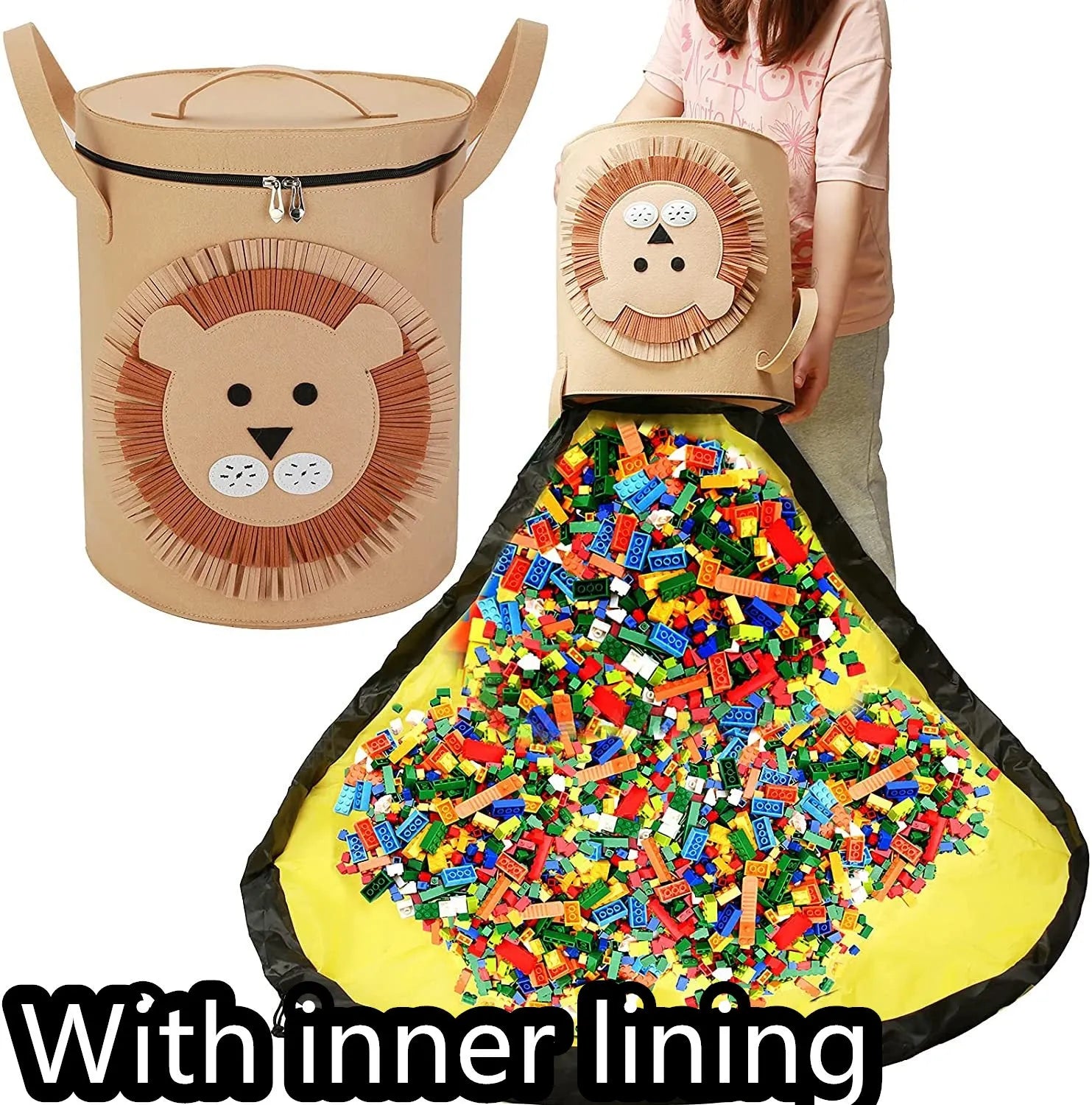 Green felt cube storage bag with pull rope shown as both a toy play mat and closed storage container
