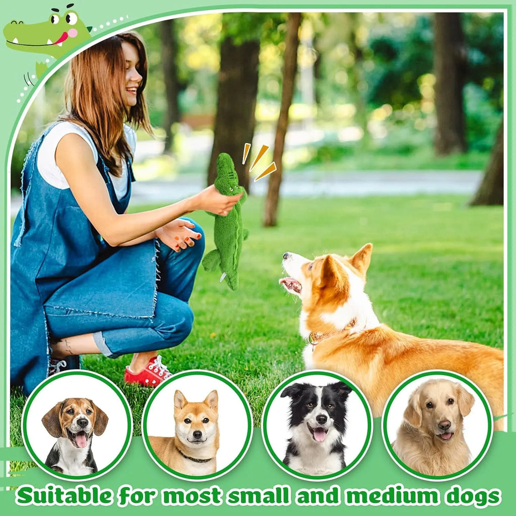 Green crocodile plush dog toy with no stuffing for safe chewing by small and medium dogs