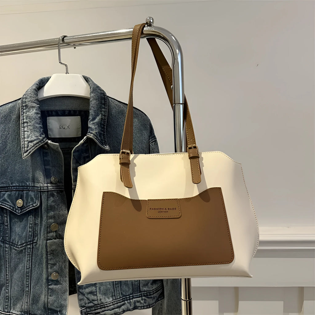 Women's PU tote bag in urban simplicity style, available in black, brown, khaki, white, with sandwich pocket and double straps