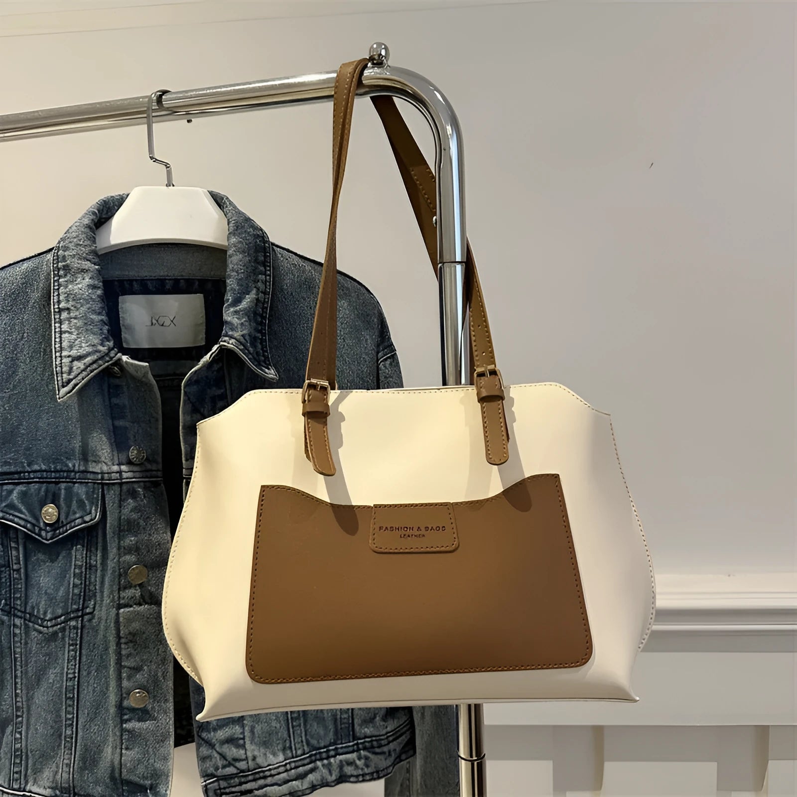 Women's PU tote bag in urban simplicity style, available in black, brown, khaki, white, with sandwich pocket and double straps
