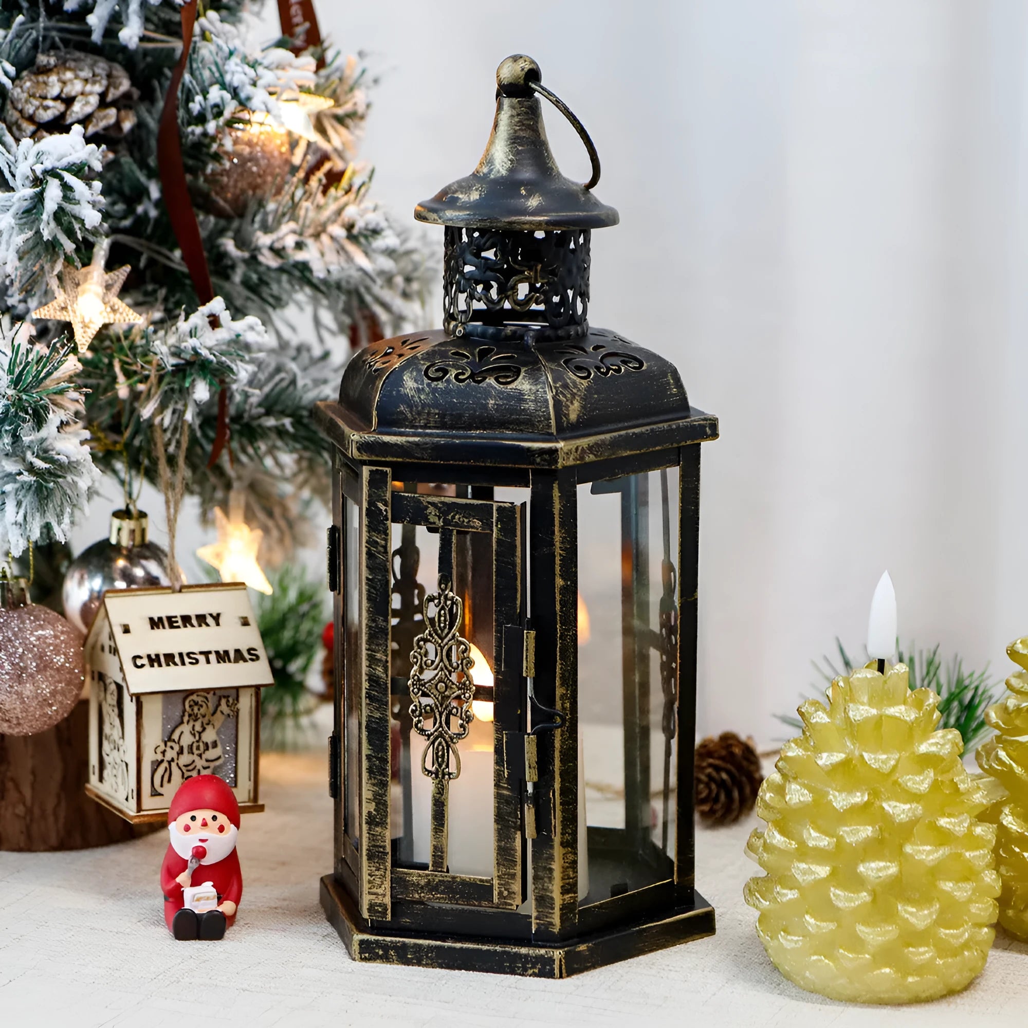 Black retro metal glass candle holder on table with candle, Nordic style decoration for home or event