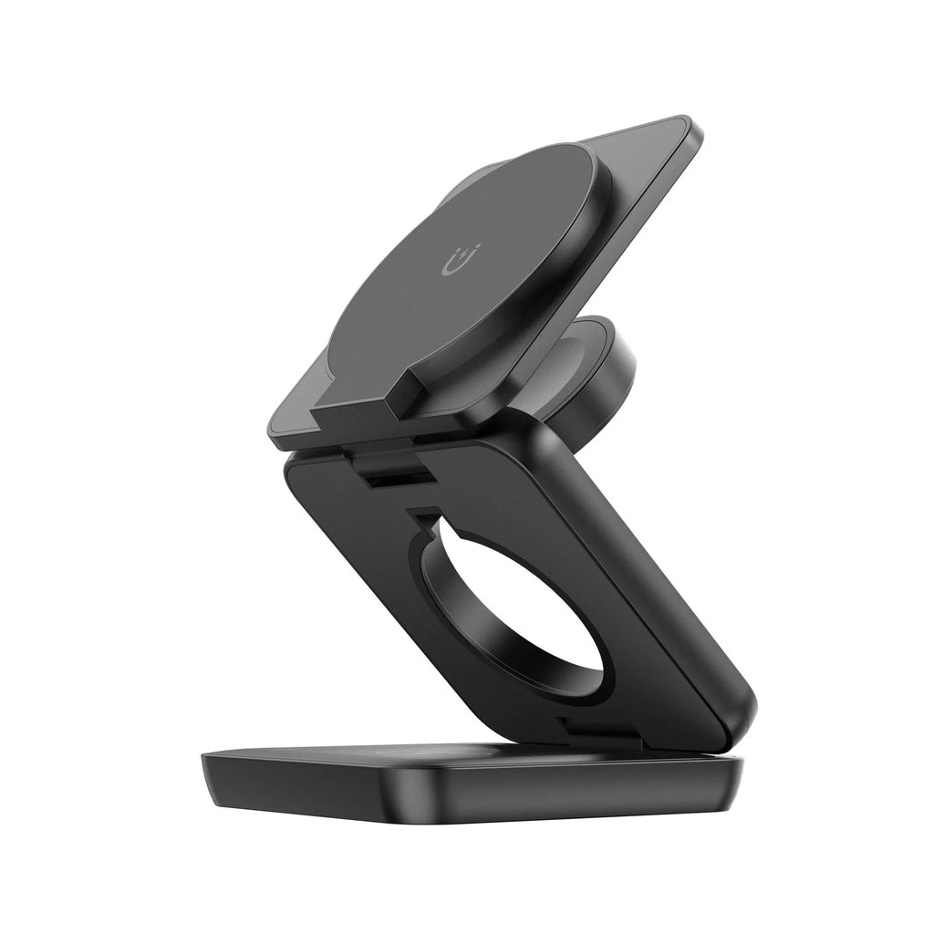 Foldable magnetic wireless charger phone holder in black or white with QC3.0 fast charging