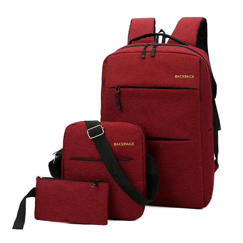 Three men's nylon computer bags in wine red, black, gray, and navy blue, showing USB port and internal pockets.