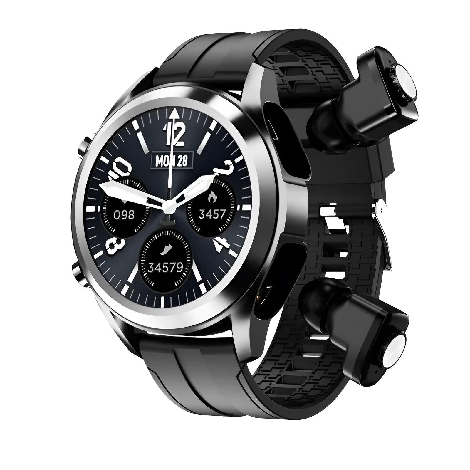 Men's black Bluetooth smart watch with heart rate and blood pressure monitor on silicone wristband