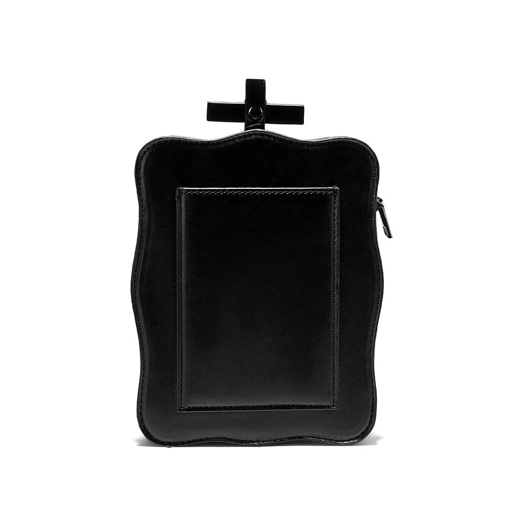 Black Gothic mini square messenger bag with embossed skull design, metal rivets, and a chain strap.