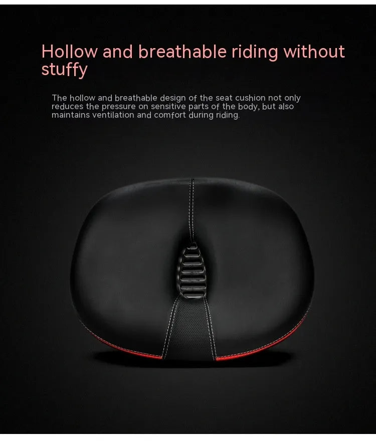 Red mountain bike saddle with thickened cushioning and reflective stickers, showing 210x270mm dimensions