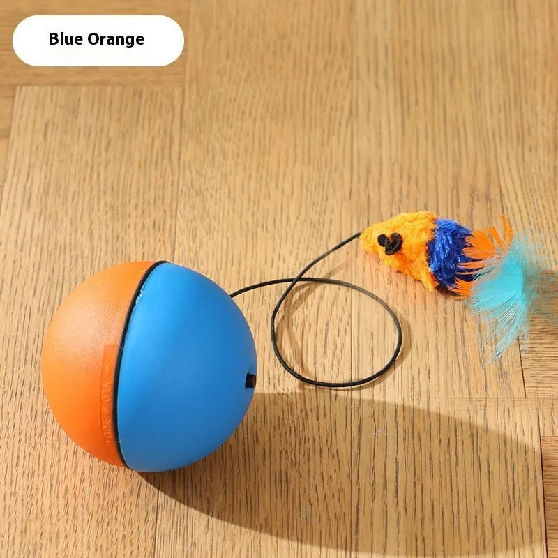 Automatic cat teasing ball with plush mouse in blue orange and dark grey colours