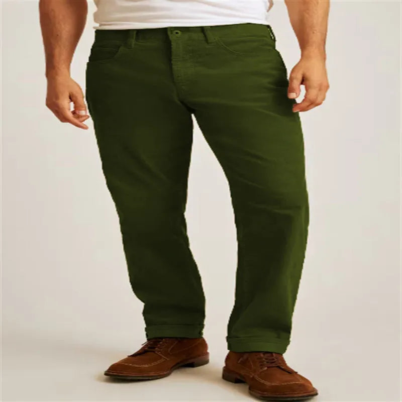 Corduroy straight-leg trousers in army green colour with mid-waist design and zip fly closure