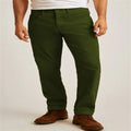 Corduroy straight-leg trousers in army green colour with mid-waist design and zip fly closure