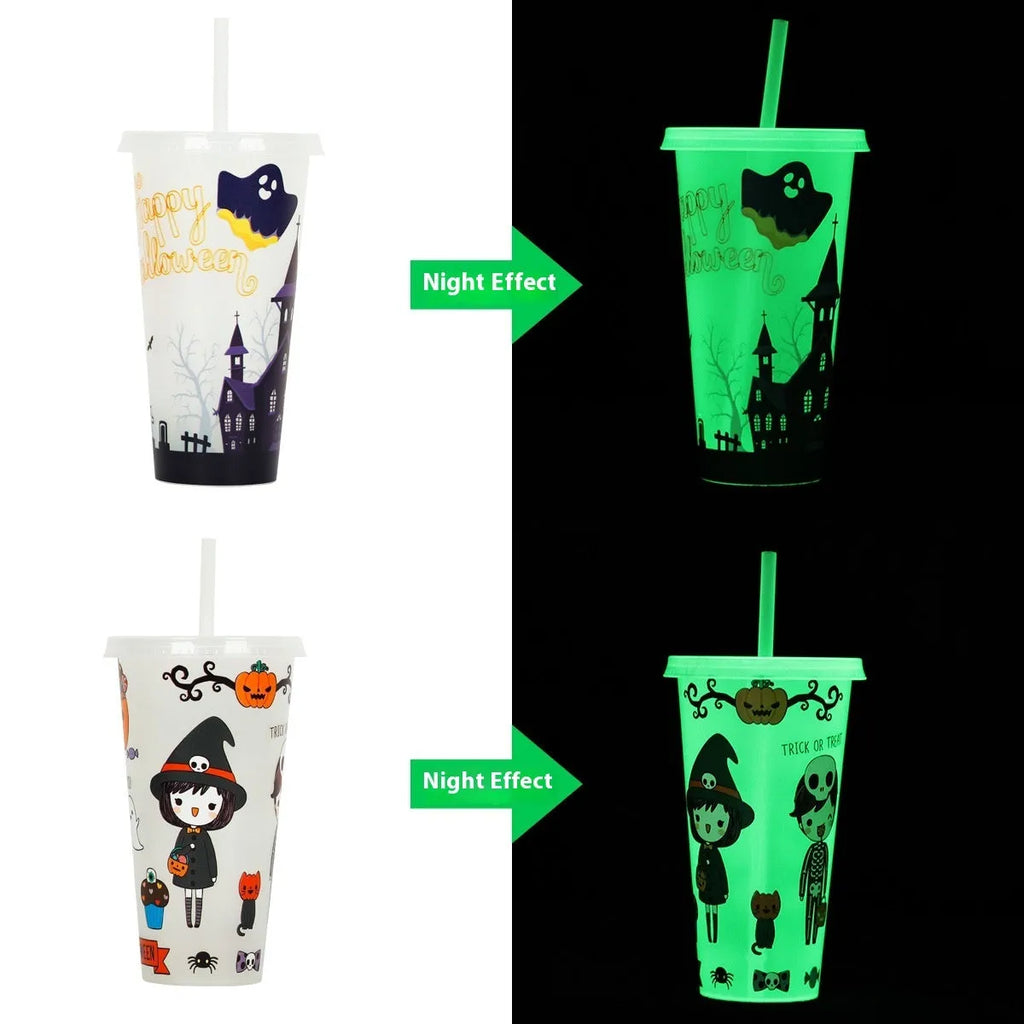 Halloween luminous plastic sippy cup with straw, 720ml capacity, cylindrical shape