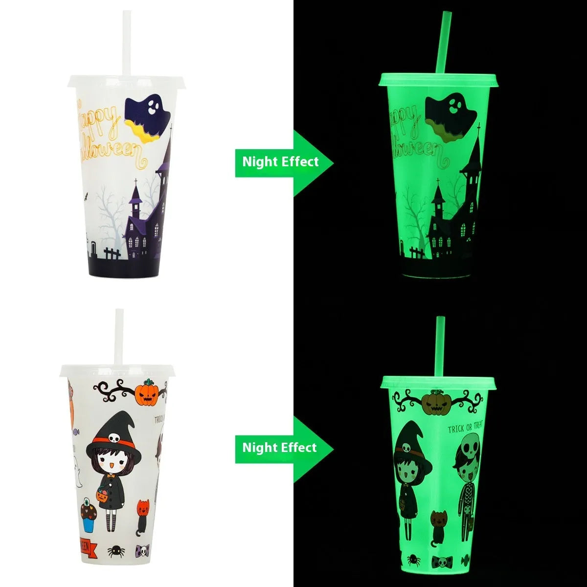Halloween luminous plastic sippy cup with straw, 720ml capacity, cylindrical shape